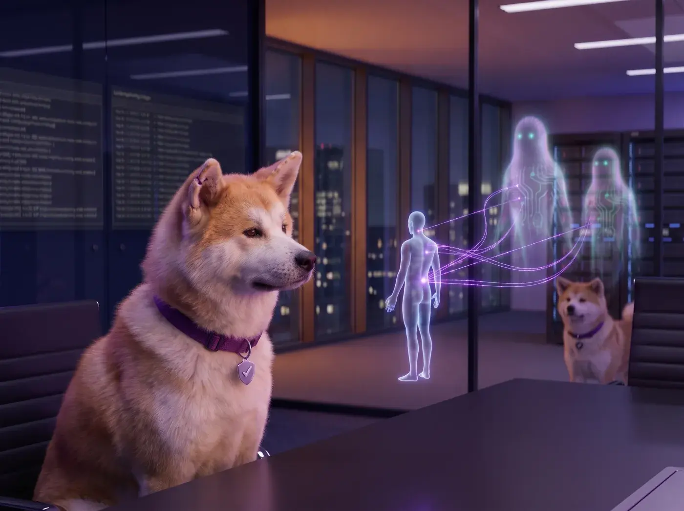 Check in an operations room with a holographic graph binding a human silhouette to two agent spirits