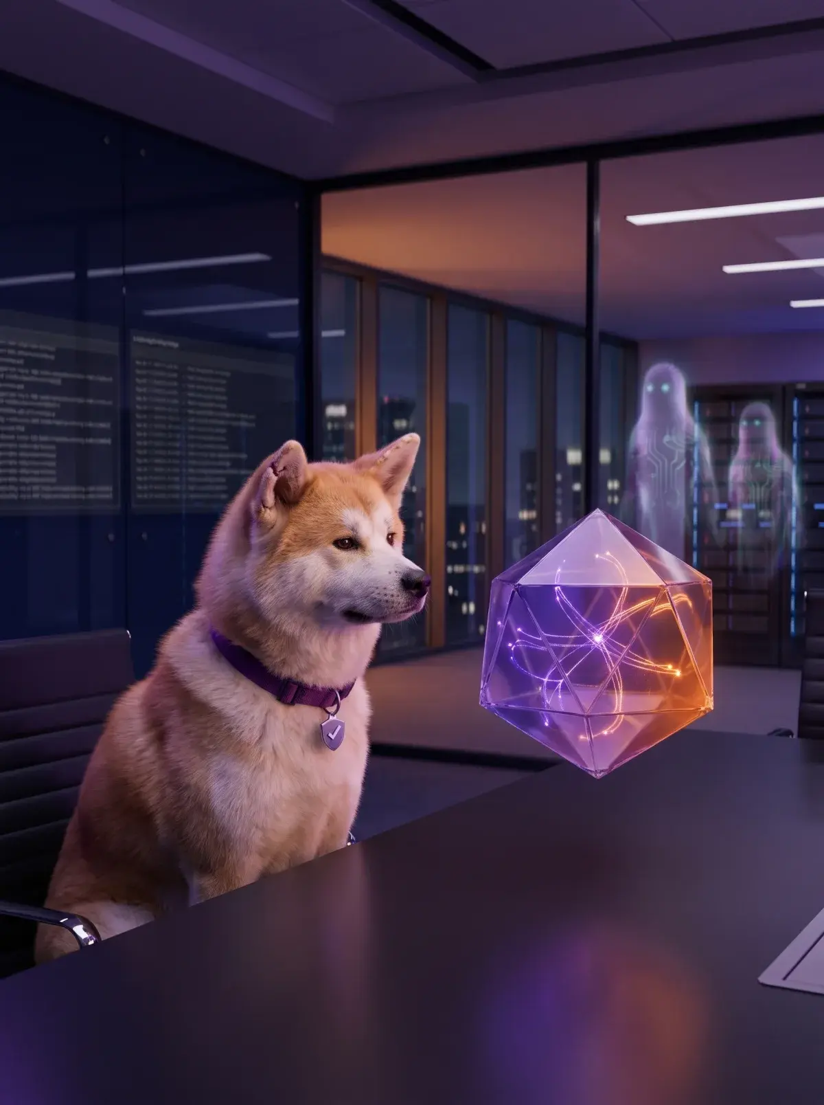 Check the Akita in a security operations room, watching a holographic authorization graph