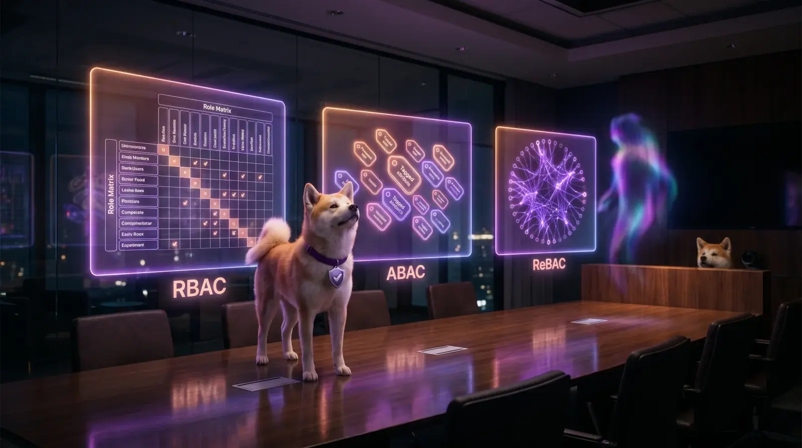 Check standing on a boardroom table in front of holographic RBAC, ABAC, and ReBAC panels