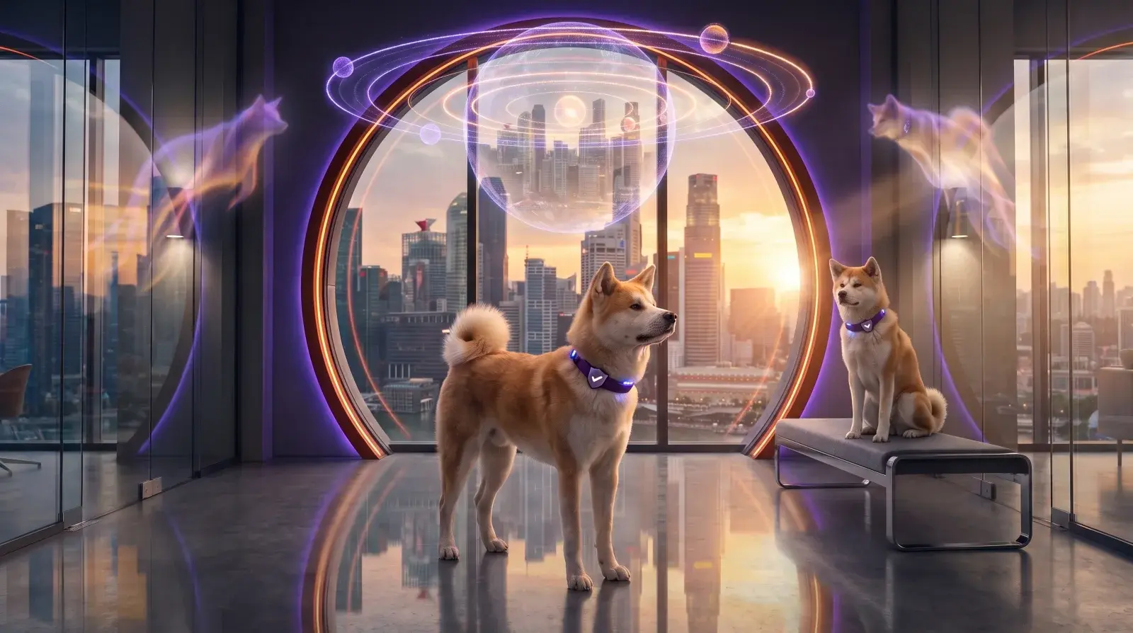 Check in a glass headquarters lobby beneath a holographic orrery of compliance frameworks
