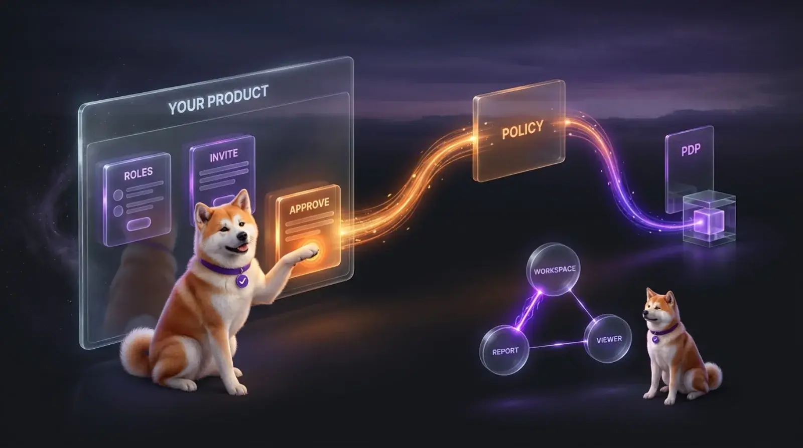Diagram: a customer admin approves access inside your product through embedded components, the change updates policy, and the decision point enforces it; a relationship graph shows sharing between workspace, report, and viewer.