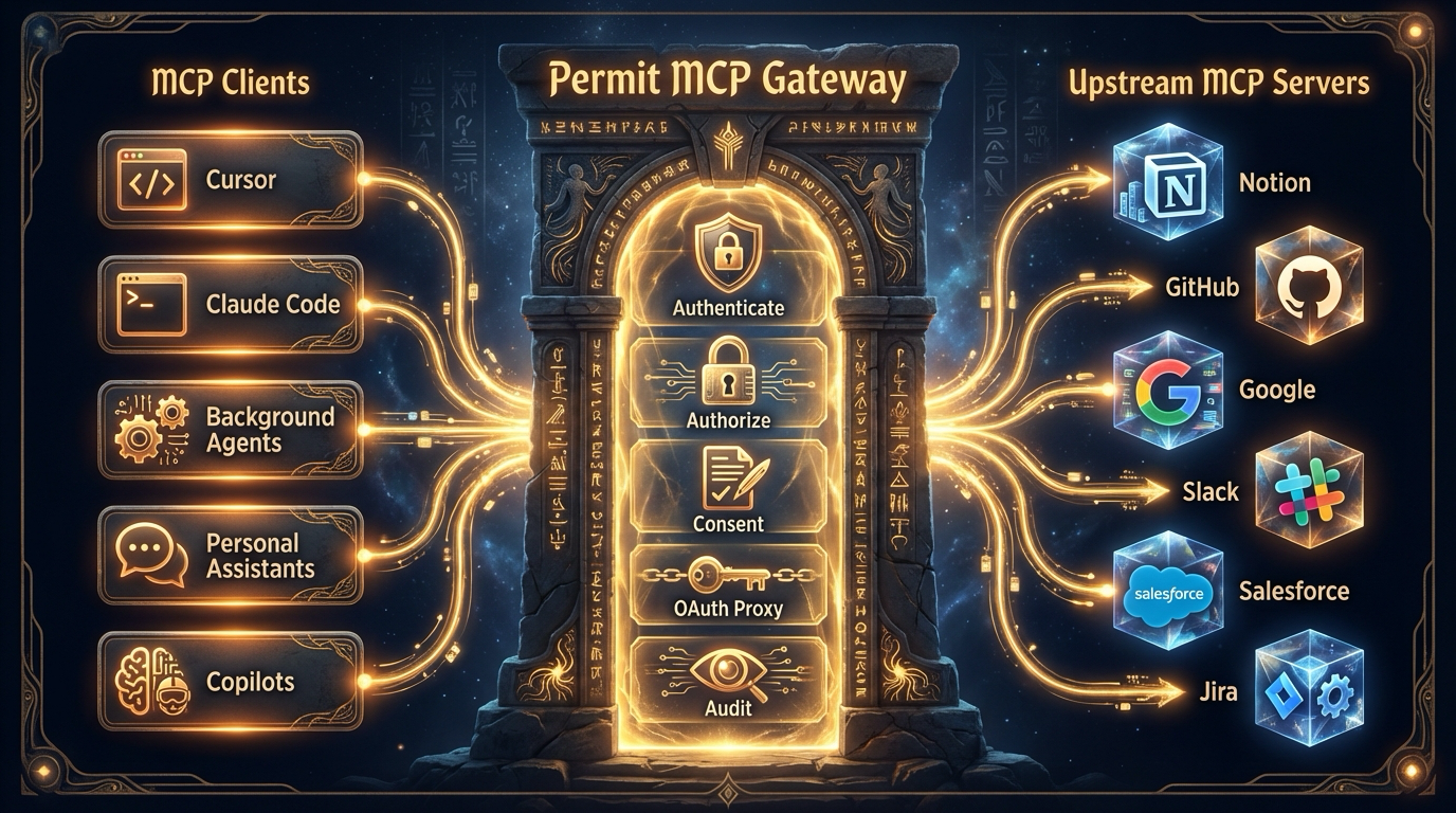 Permit MCP Gateway Architecture — MCP Clients → Gateway → Upstream Servers