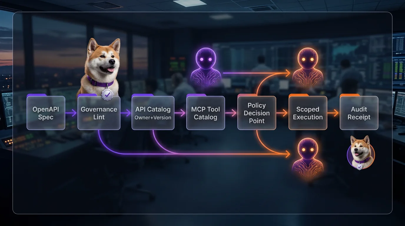 Flow from agent-authored OpenAPI to MCP tools, runtime PDP checks, and audit receipts