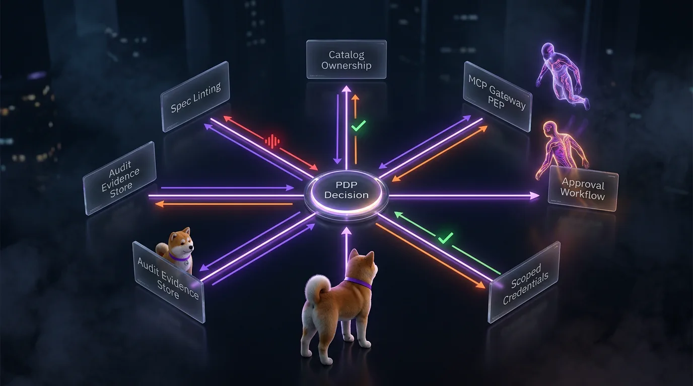 Hub-and-spoke reference architecture with MCP gateway PEP, central PDP, approvals, scoped credentials, and audit evidence