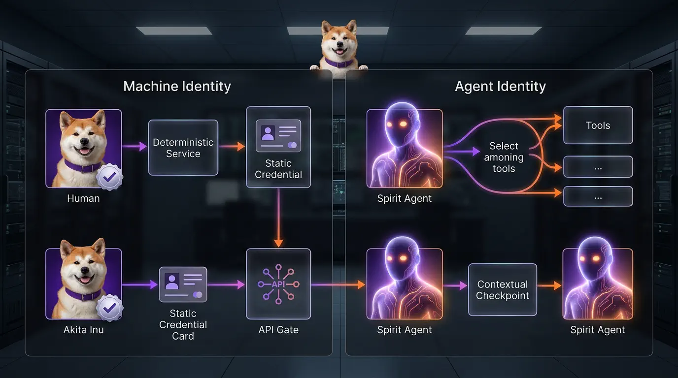 Machine identity versus agent identity in a split technical board with deterministic service flow on one side and contextual agent tool selection on the other