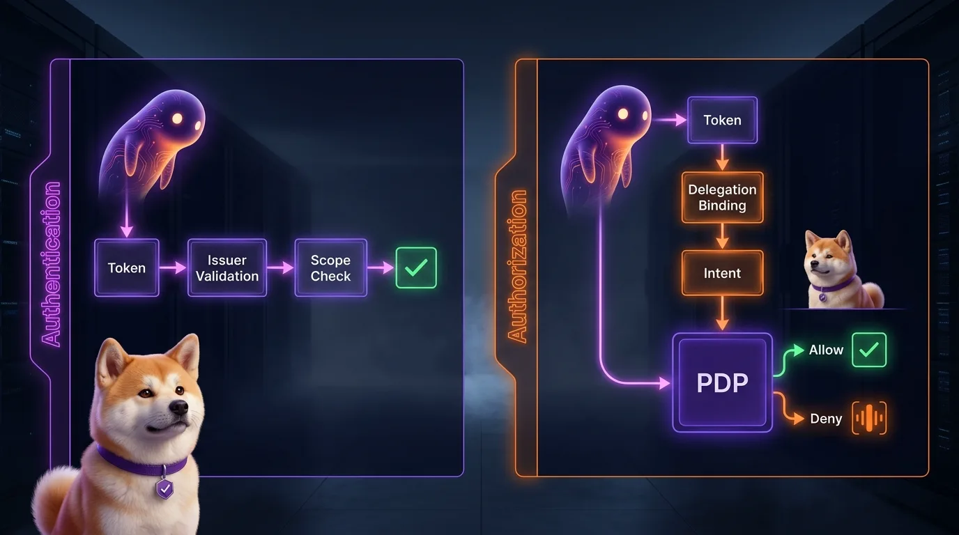 Authentication vs Authorization: two control stages — left panel shows token validation flow to a green checkmark, right panel adds delegation, intent, and PDP to reach an allow/deny decision