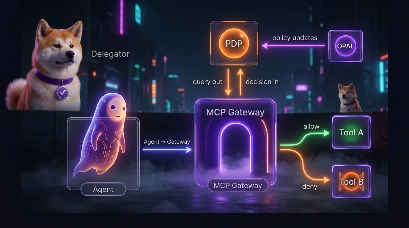 MCP Gateway enforcement architecture: agent and human delegator on the left, MCP Gateway as the central enforcement node, PDP above with OPAL feeding policy updates, Tool A (allowed) and Tool B (denied) on the right