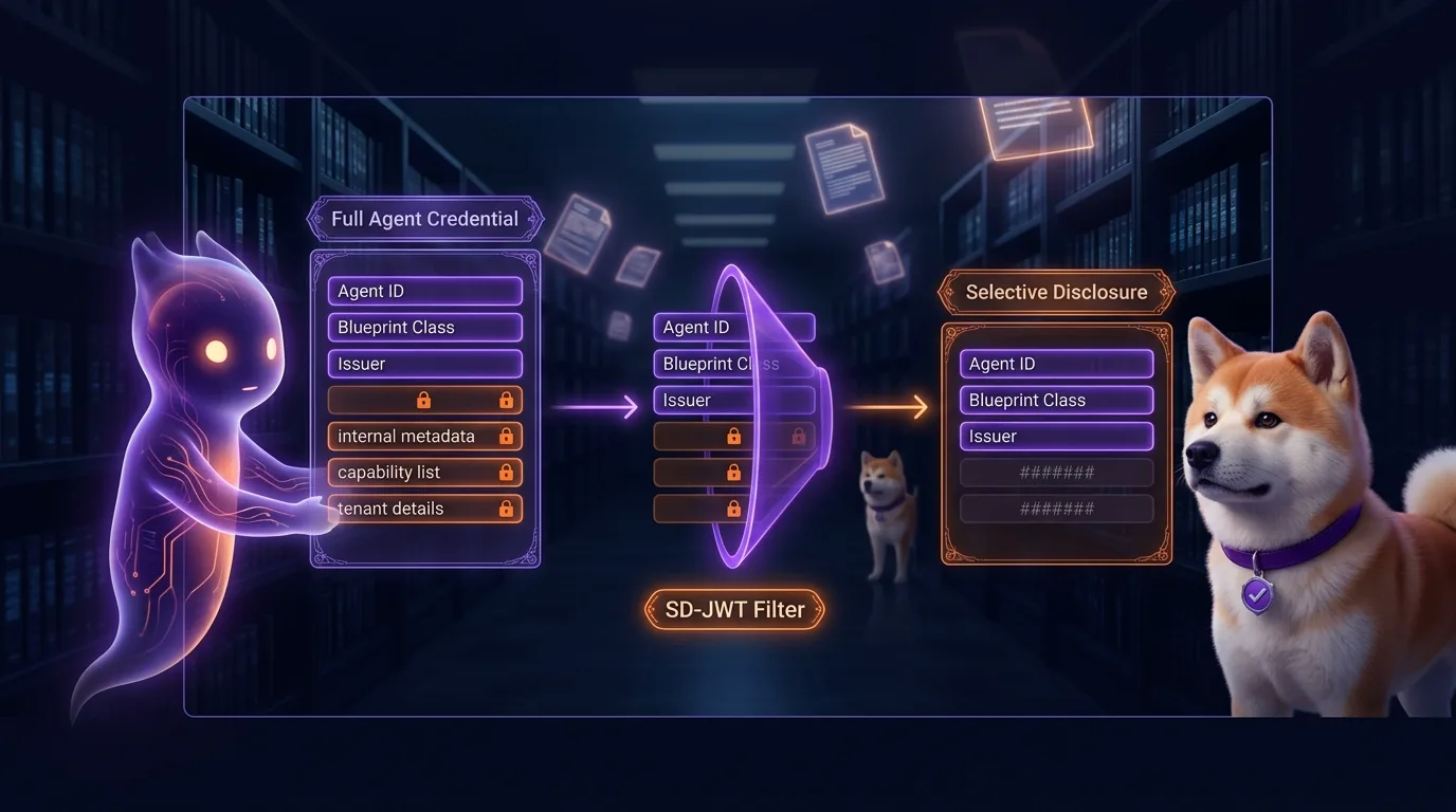 SD-JWT selective disclosure: a spirit agent presents a full credential card with locked fields on the left, an SD-JWT Filter funnel in the center strips hidden claims, and a selective disclosure card with only Agent ID, Blueprint Class, and Issuer visible emerges on the right — the Akita Inu mascot inspects it as the verifier