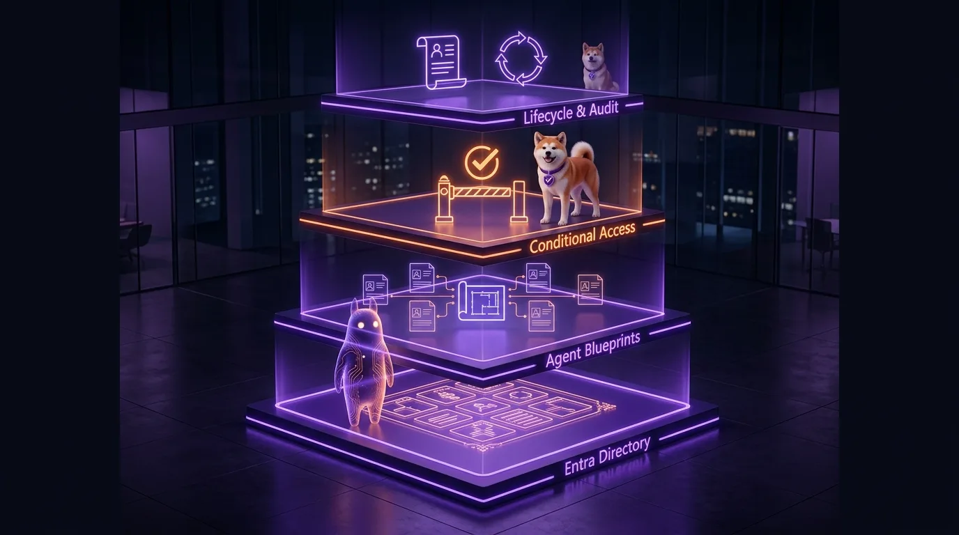 Microsoft Entra Agent ID governance stack: four isometric layers from bottom to top — Entra Directory foundation, Agent Blueprints, Conditional Access with the Akita Inu mascot as policy guardian, and Lifecycle & Audit at the top