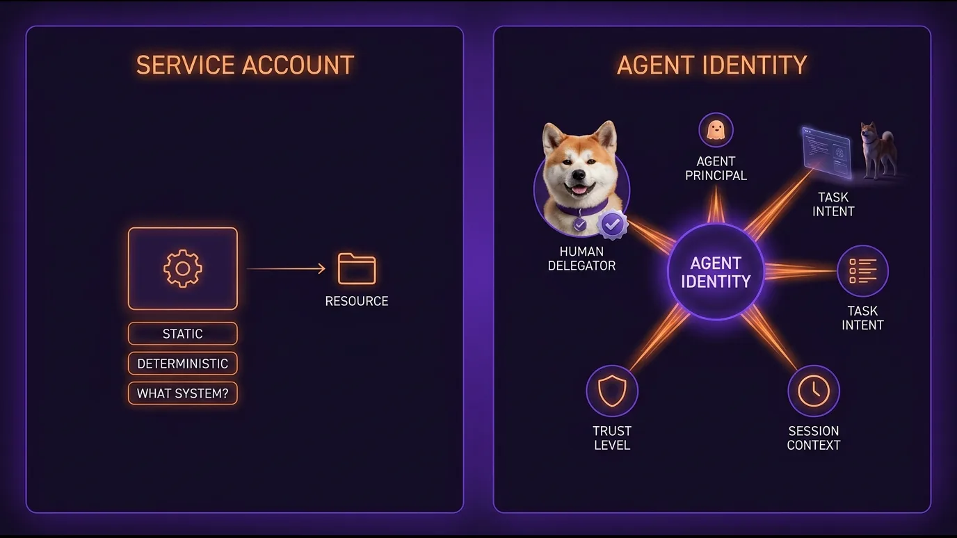 Service account vs agent identity — the anatomy of the difference Service account (simple static node) on the left vs agent identity (hub with five radiating spokes: human delegator, agent principal, task intent, trust level, session context) on the right — dark atmospheric background with deep purple and orange accents