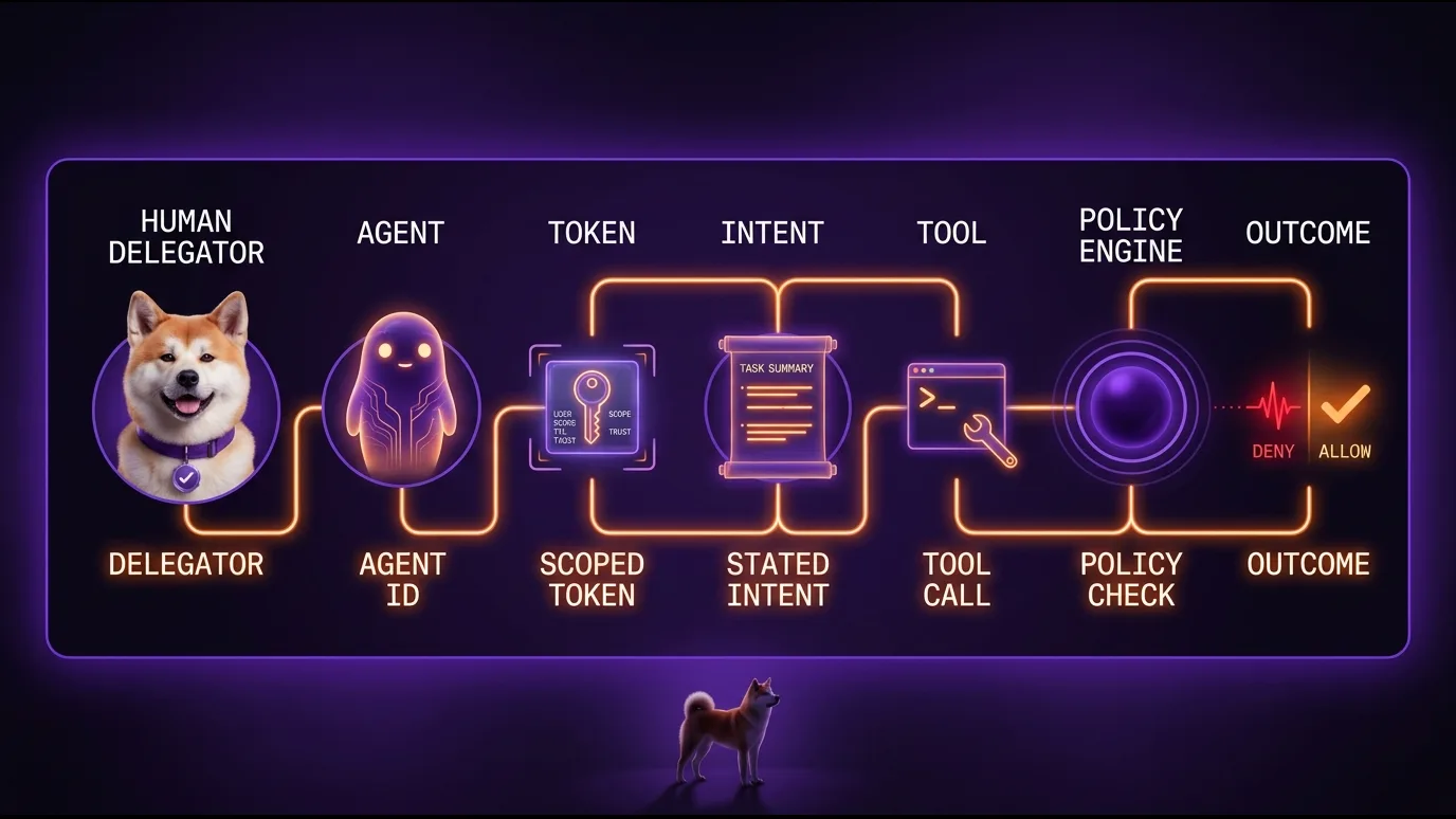 The full agent attribution chain: every field needed to reconstruct what happened and why Seven-node attribution chain flowing left to right: Akita mascot as human delegator → spirit as agent identity → scoped token panel → stated intent scroll → tool call terminal → policy engine sphere → allow/deny outcome — all connected by glowing orange light trails