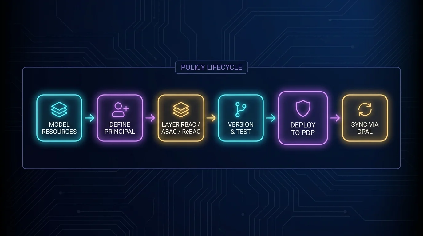 Policy lifecycle flow: six nodes connected by neon arrows — MODEL RESOURCES, DEFINE PRINCIPAL, LAYER RBAC/ABAC/ReBAC, VERSION & TEST, DEPLOY TO PDP, SYNC VIA OPAL