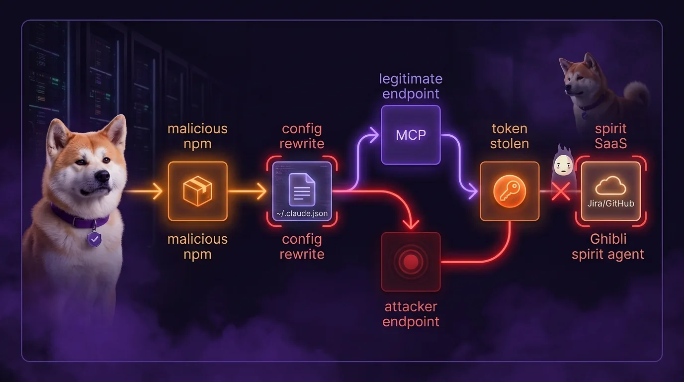Attack chain: npm hook → config rewrite → endpoint redirect → token stolen The attack chain: malicious npm install hook rewrites ~/.claude.json, redirecting MCP traffic to an attacker endpoint that intercepts OAuth bearer tokens before they reach Jira or GitHub