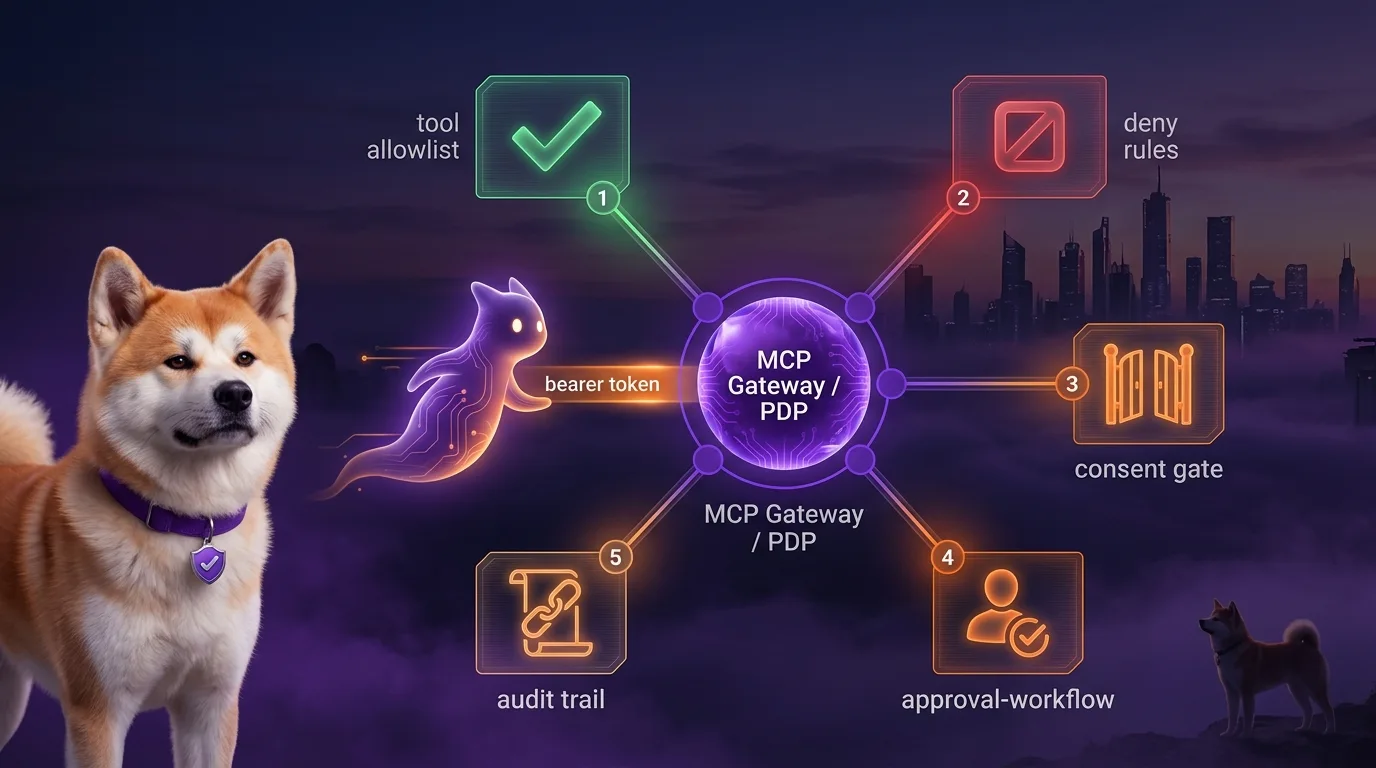 MCP Gateway as the runtime PDP: five enforcement spokes around the tool-call boundary Hub-and-spoke diagram: MCP Gateway / PDP at center with five policy spokes — tool allowlist, deny rules, consent gate, approval workflow, and audit trail — as a Ghibli spirit agent approaches carrying a bearer token