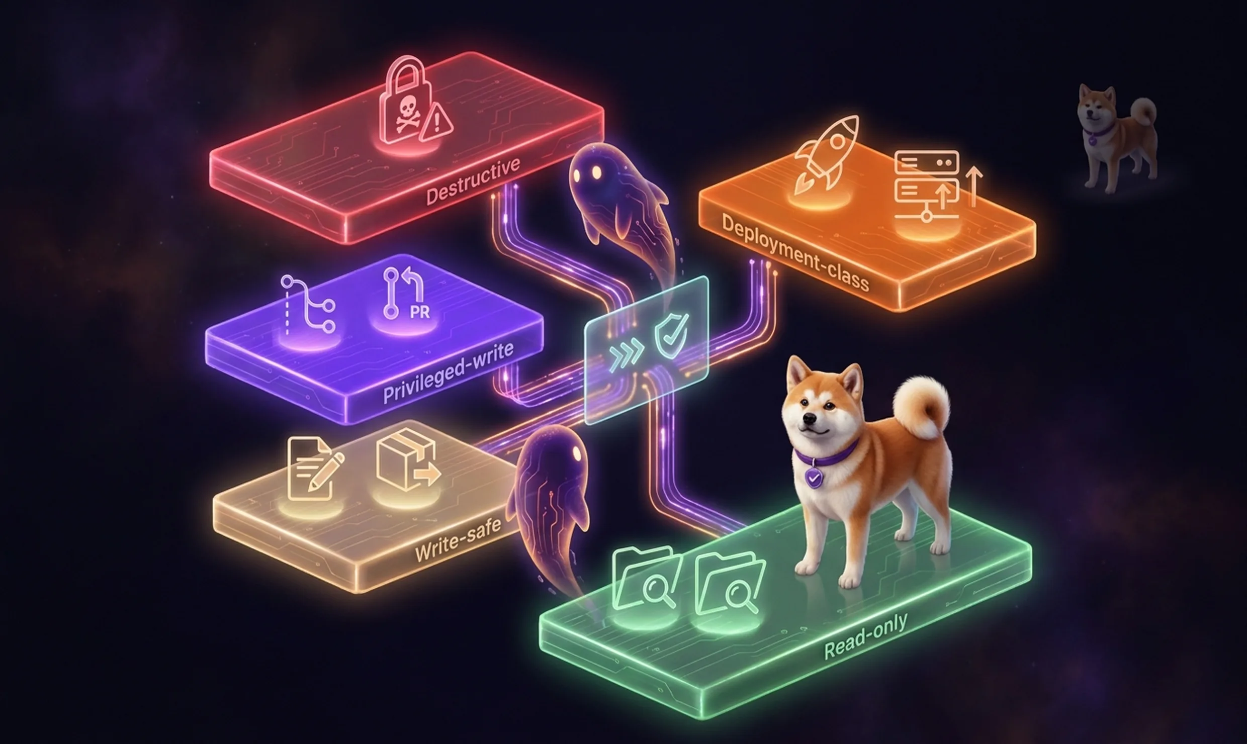 Five trust tiers shown as glowing isometric platform layers — from green Read-only at the base to red Destructive at the top — with a spirit agent ascending through an authorization gateway and the Akita mascot as policy owner at the base