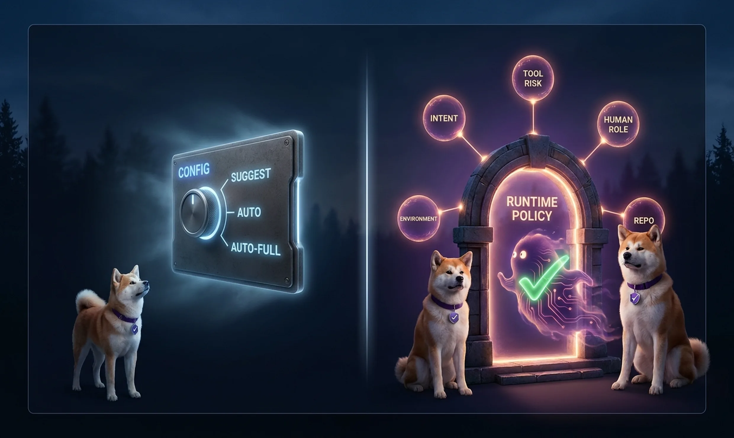 Split comparison showing a coarse Config dial with Suggest/Auto/Auto-Full on the left versus a Runtime Policy gateway with five contextual evaluation nodes (Tool Risk, Human Role, Repo, Environment, Intent) on the right, with the Akita mascot on both sides