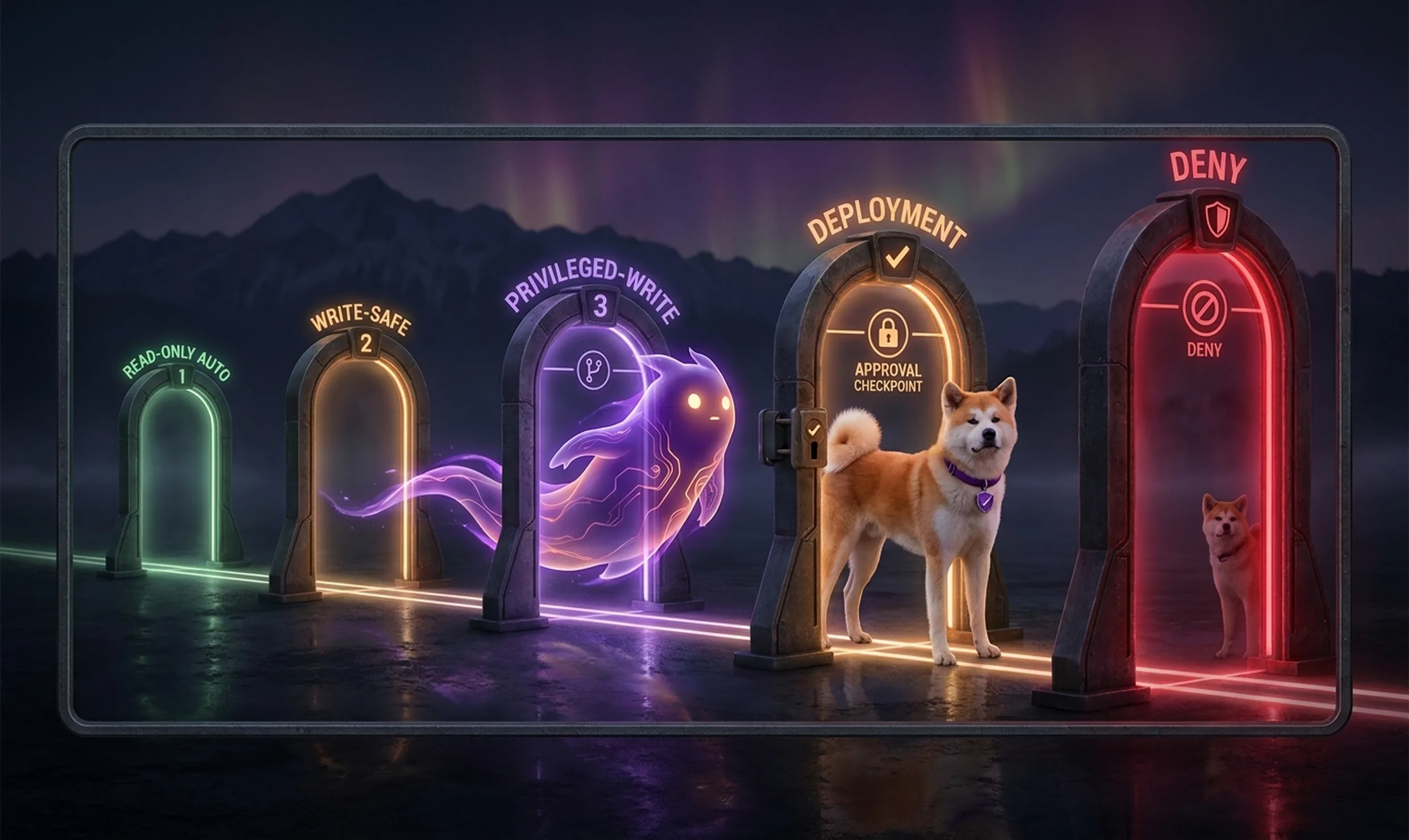 Five sequential gateway arches in a left-to-right rollout sequence — green Read-only Auto, amber Write-safe, purple Privileged-write with a spirit agent passing through, orange Deployment with approval checkpoint, and sealed red Deny gate — with the Akita mascot standing as approver before the final gate
