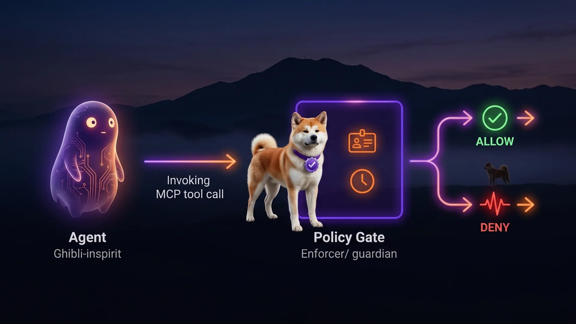 Action-time authorization flow: a left-to-right framed panel showing an agent invoking an MCP tool, hitting a policy decision point with identity and context check, then receiving allow or deny