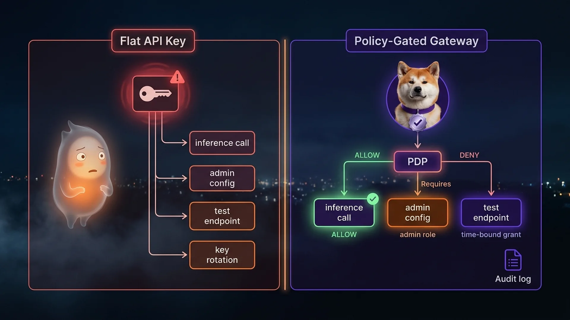 MCP gateway security checklist: a split comparison board showing insecure flat-key architecture on the left versus policy-gated admin plane with audit logs on the right