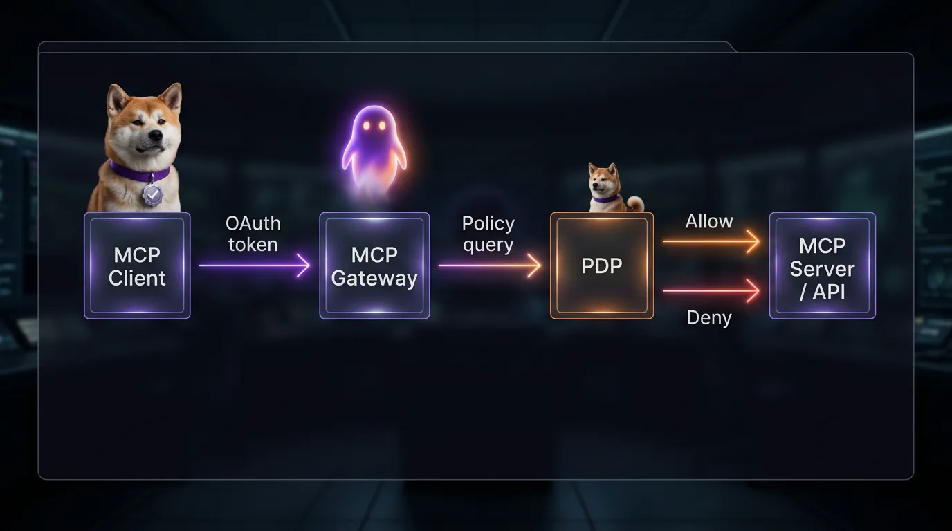 MCP gateway policy flow showing authentication and runtime tool-call authorization decisions