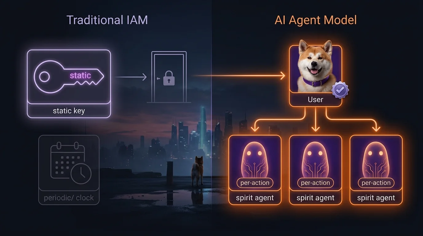 Traditional IAM model vs. AI agent authorization model — a side-by-side comparison showing why static credentials and coarse roles fail for autonomous agents