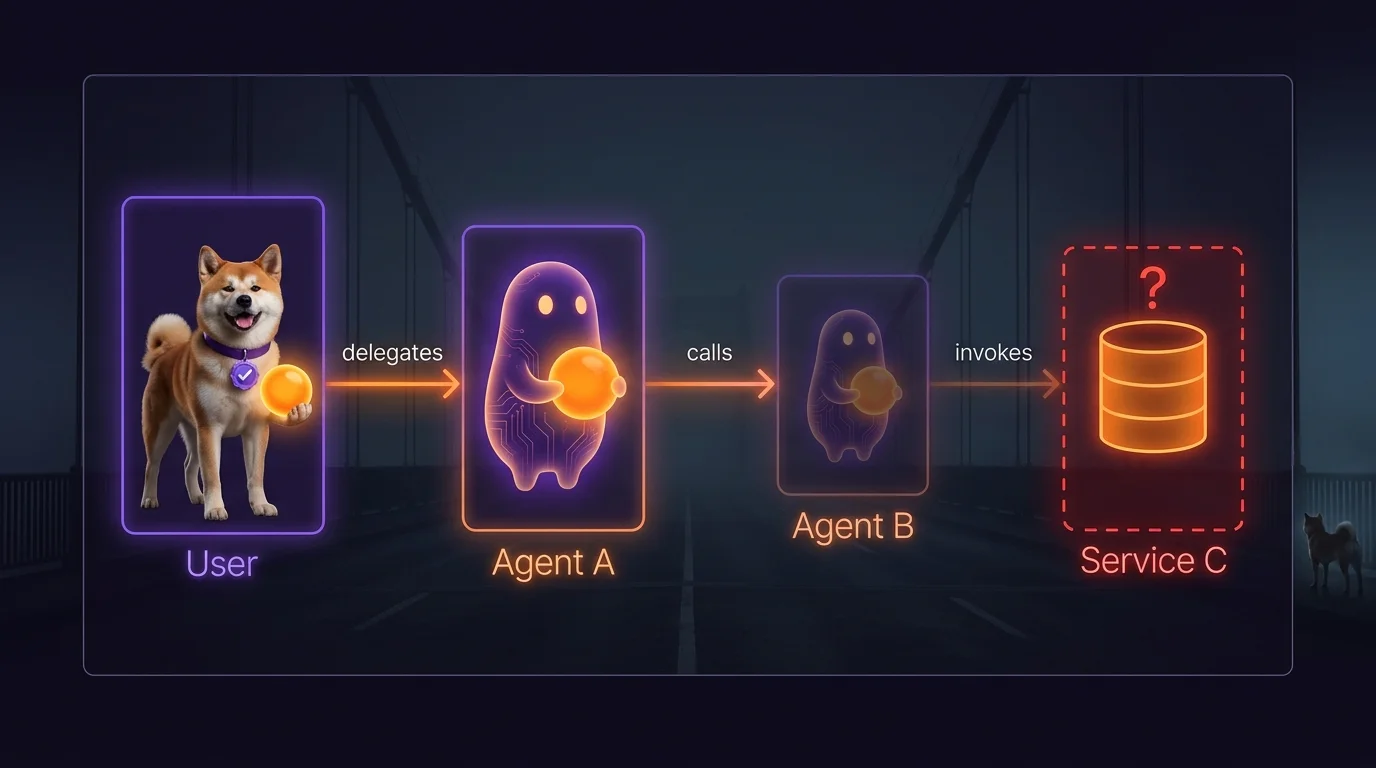 Multi-hop delegation chain showing User → Agent A → Agent B → Service C, with scope and intent lost at the final hop and the audit trail broken