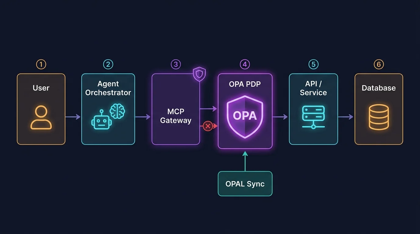 Full agentic request lifecycle: User → Agent Orchestrator → MCP Gateway (OPA check 1) → OPA PDP (OPA check 2, fine-grained delegation) → API/Service (OPA check 3) → Database (OPA check 4, row/column), with OPAL Sync feeding real-time policy updates to all PDP instances