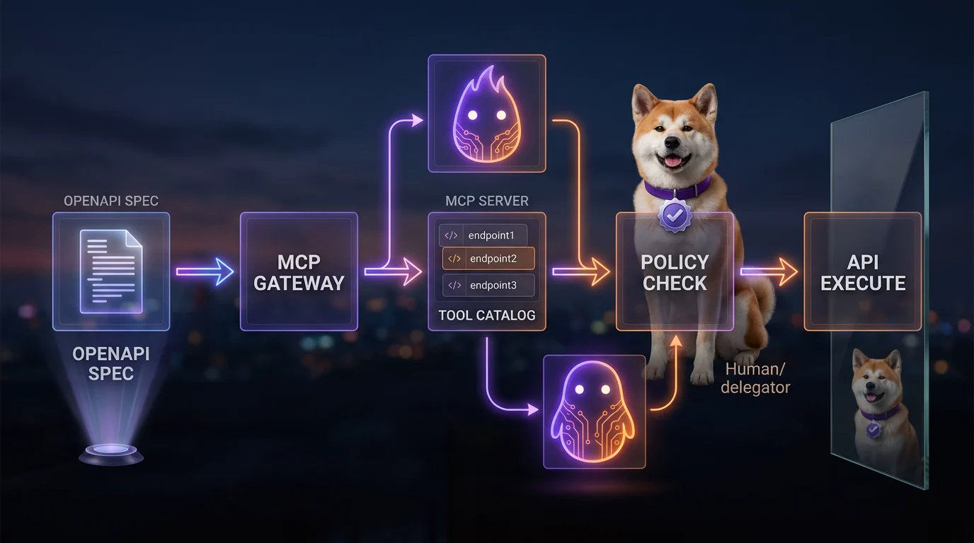 OpenAPI spec transformed into MCP tool catalog with policy checkpoints