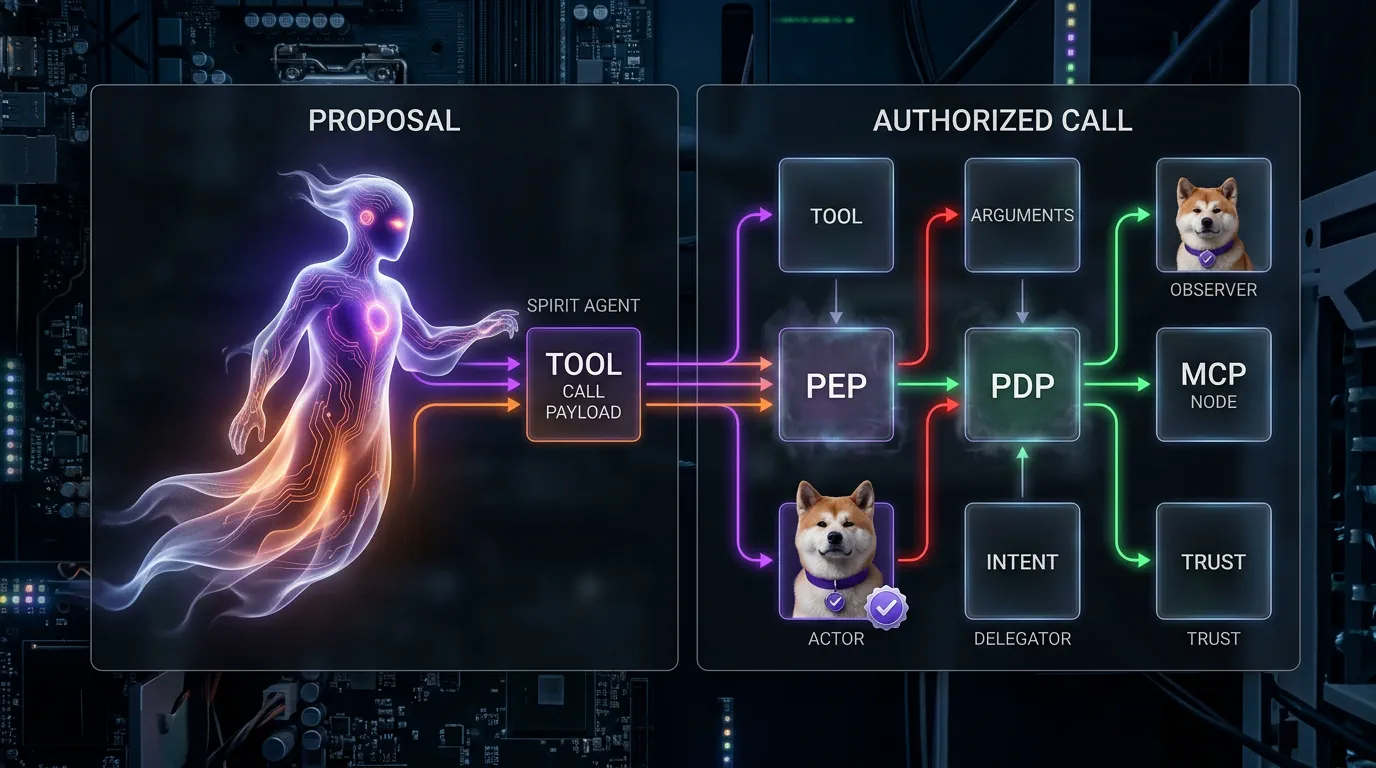 A split-board diagram contrasts a raw model proposal with an authorized MCP tool call that passes PEP/PDP checks for tool, arguments, actor, delegator, intent, and trust.