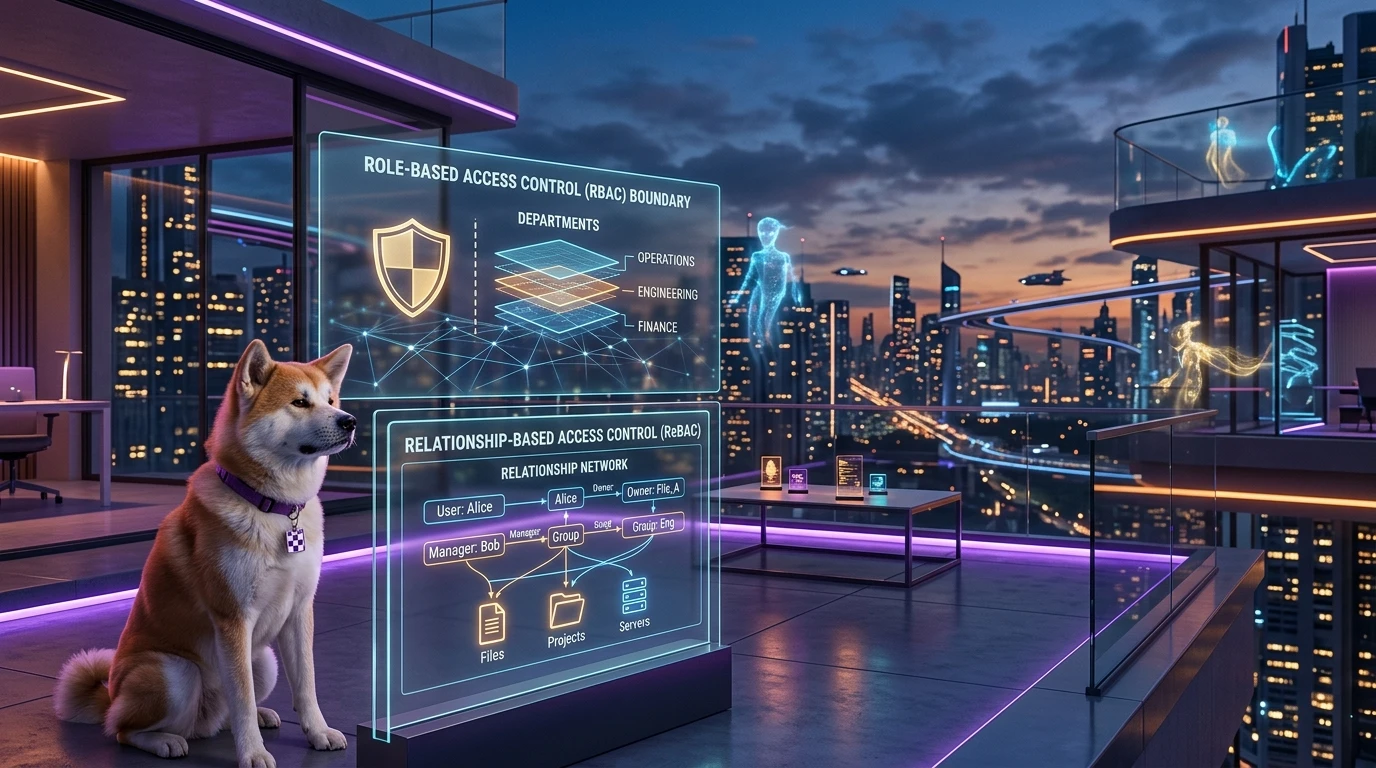 Hybrid authorization model architecture combining RBAC guardrails, ReBAC relationship graph checks, and runtime risk-based policy conditions for AI agents