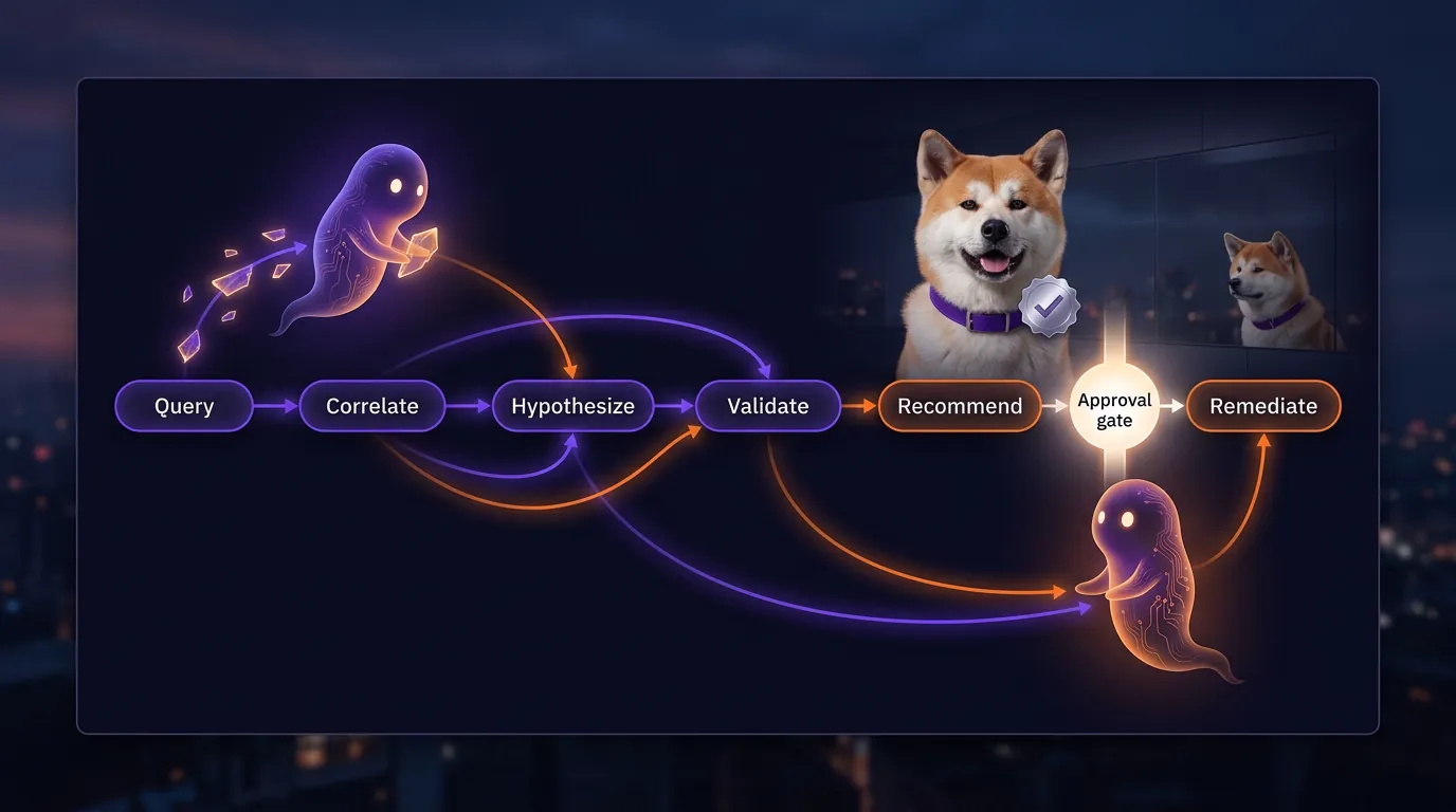 A left-to-right incident workflow panel showing Query, Correlate, Hypothesize, Validate, Recommend, and a gated Remediate stage with the Akita delegator and spirit agents paused at approval