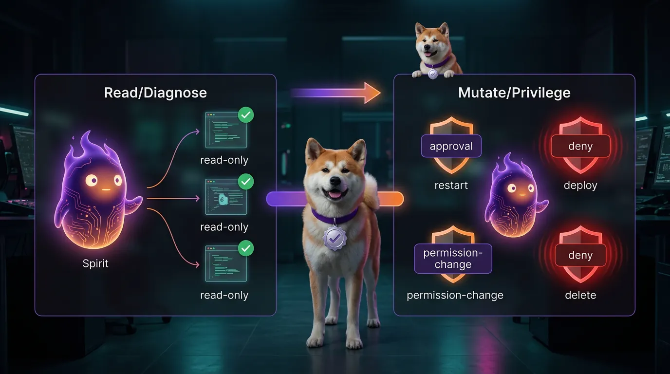 A split trust-level board contrasting read and diagnose actions on one side with mutate and privilege actions behind approval and deny controls on the other, with the Akita delegator in the center
