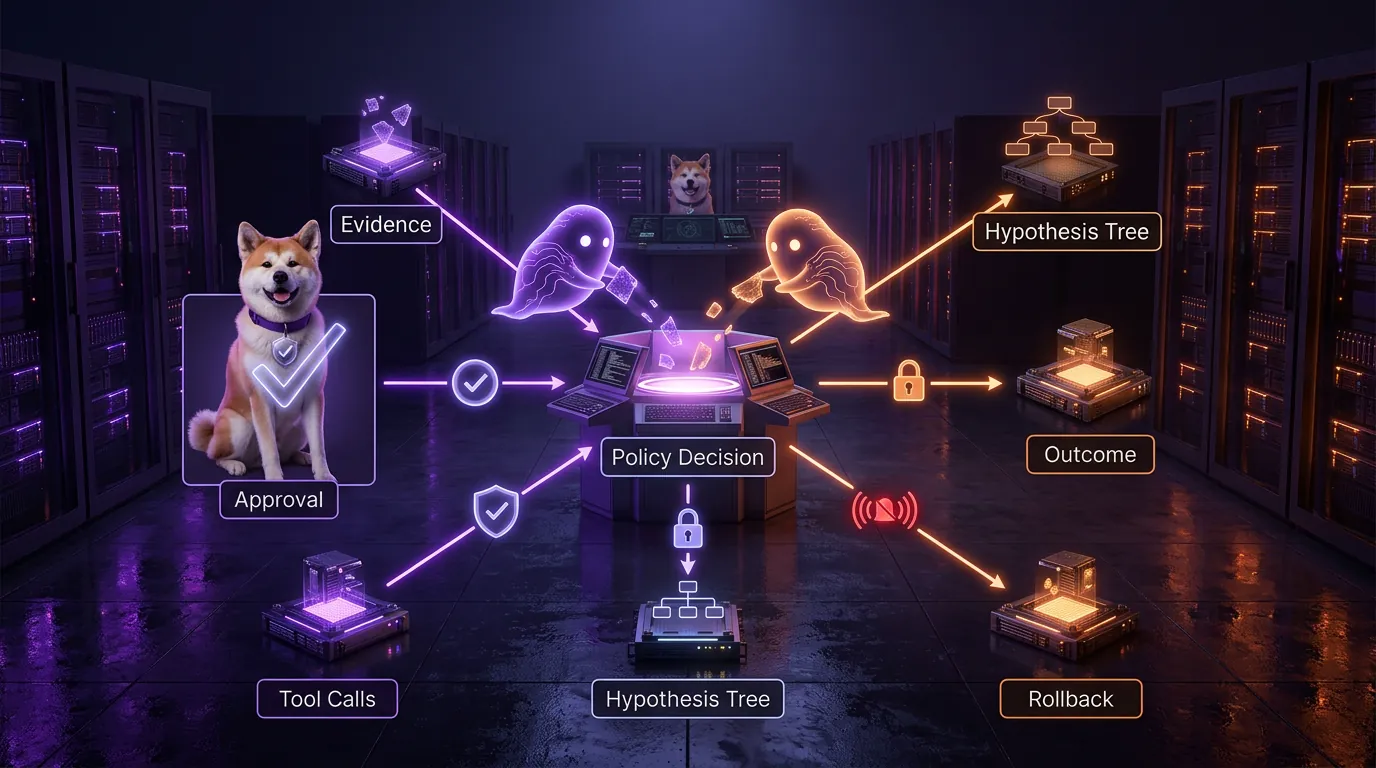 A central policy decision hub connected to Evidence, Tool Calls, Hypothesis Tree, Approval, Outcome, and Rollback nodes with neon allow, step-up, and deny states