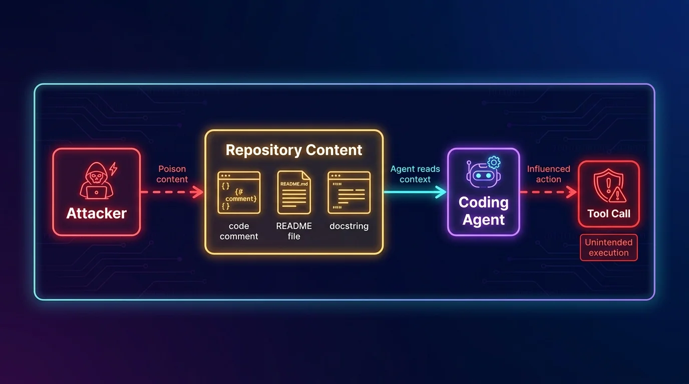 Indirect prompt injection attack path: attacker poisons repository content, coding agent reads it as context, and is influenced into an unintended tool call