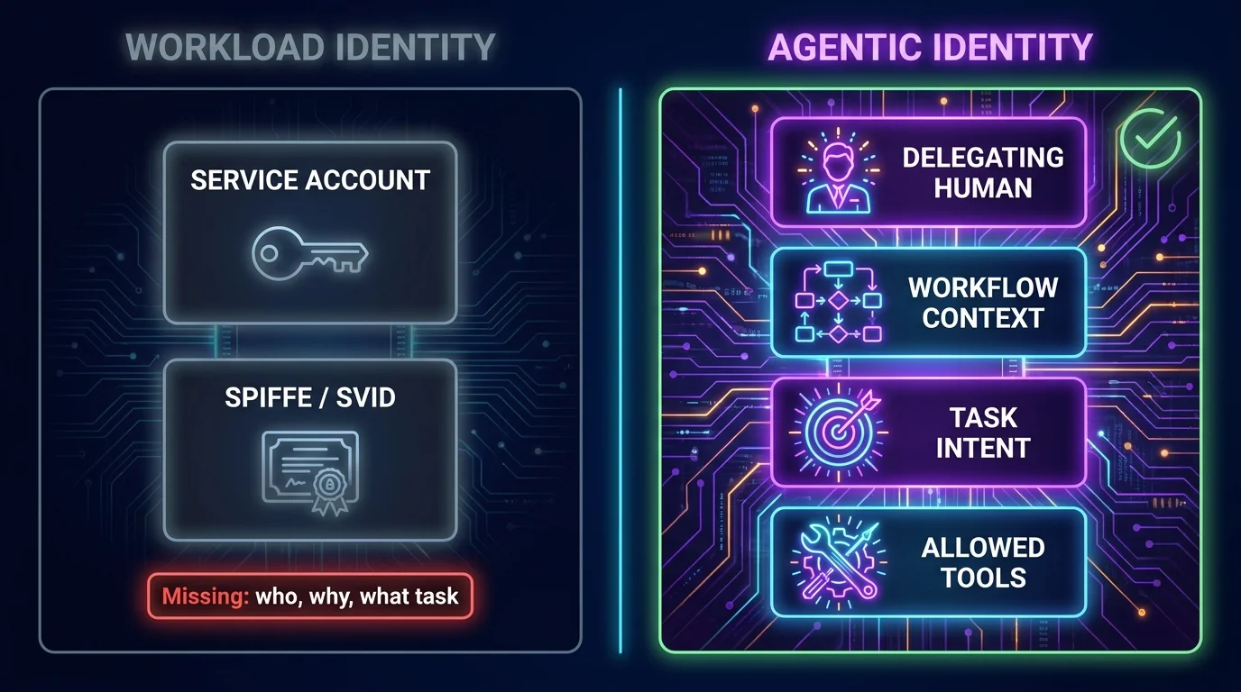 Workload identity vs agentic identity: left panel shows a service account and SPIFFE credential as insufficient; right panel shows the four components of agentic identity — delegating human, workflow context, task intent, and allowed tools