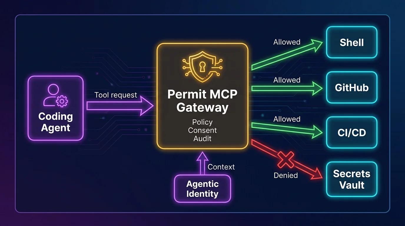Permit MCP Gateway as the enforcement layer: coding agent sends tool requests to the gateway which allows calls to Shell, GitHub, and CI/CD while blocking access to Secrets Vault, with agentic identity context feeding the policy decision