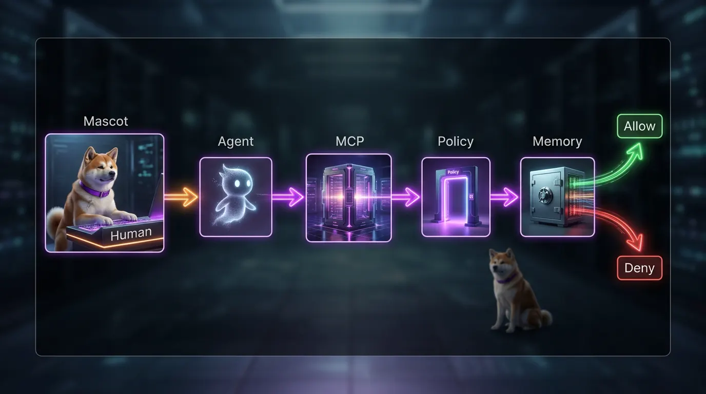 Flow diagram of human, delegated agent, MCP gateway, policy decision, and memory retrieval outcomes