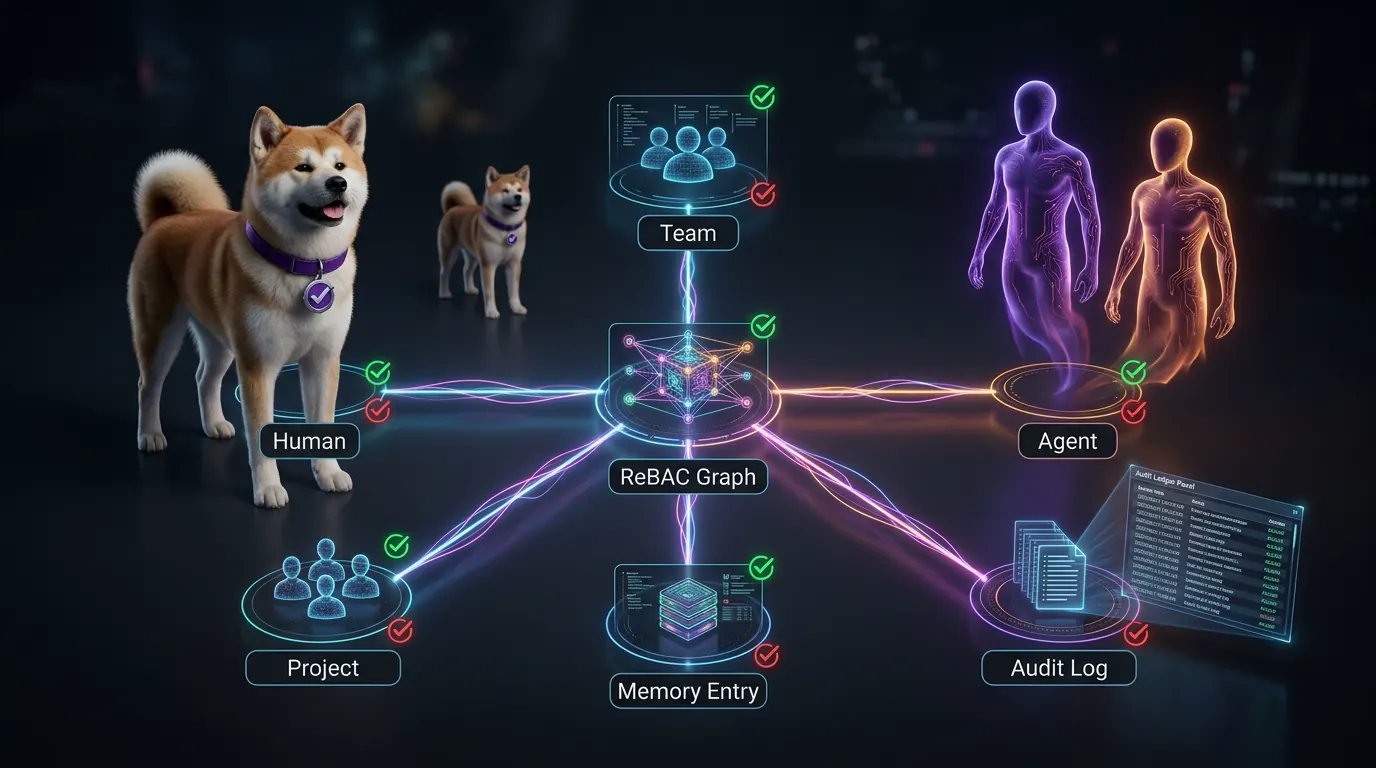 Hub-and-spoke ReBAC graph linking human, agent, team, project, memory entry, and audit logs
