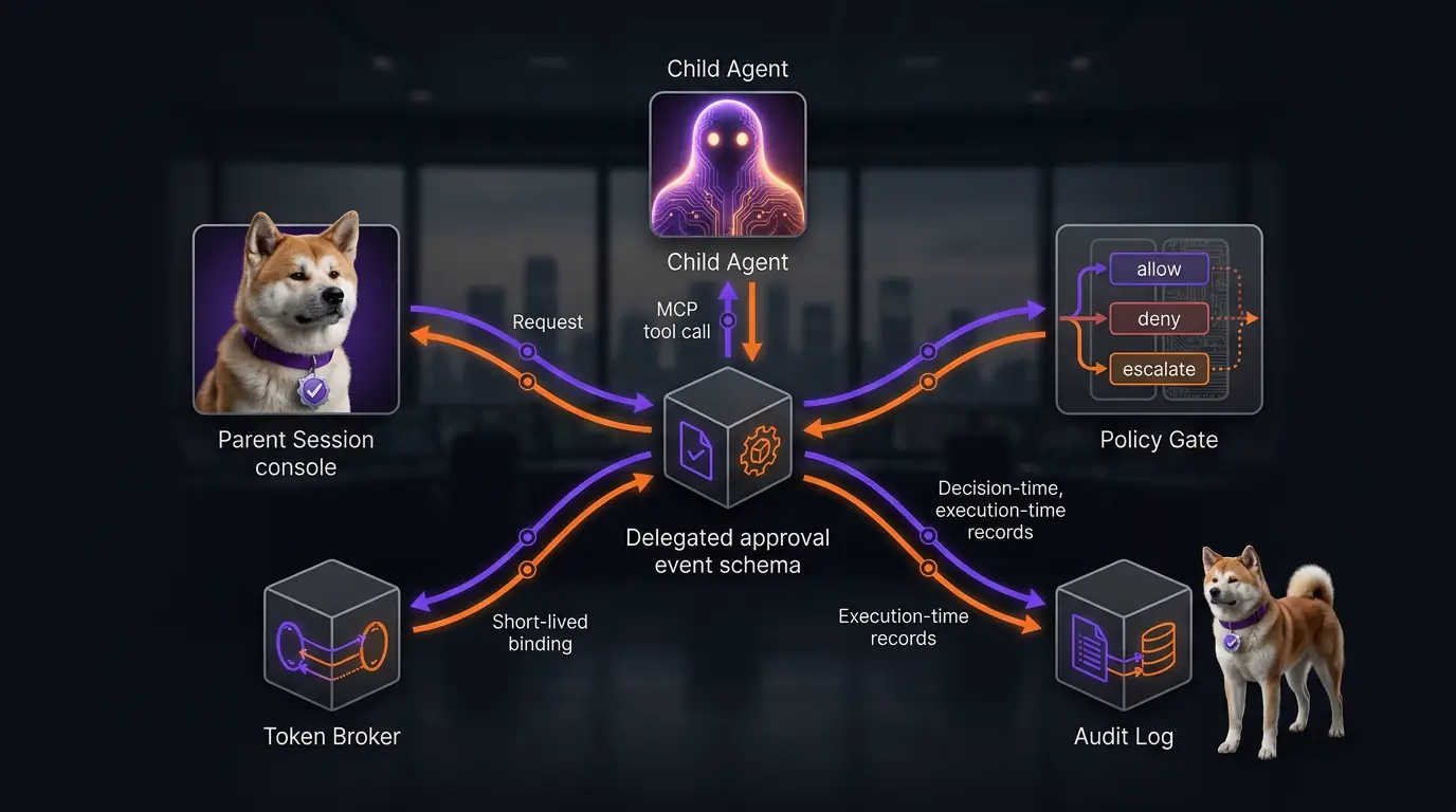 Parent session vs subagent runtime sequence with brokered approvals