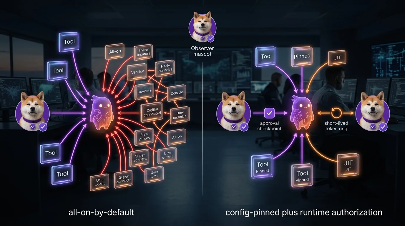 Split-comparison technical diagram showing all-on-by-default risk on one side and pinned-plus-JIT authorization on the other